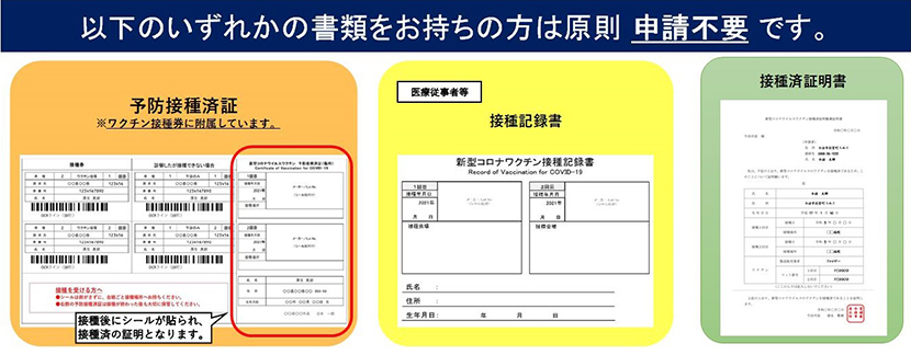 予防接種済証、接種記録書、接種済証明書のいずれかの書類をお持ちの方は原則申請不要です。