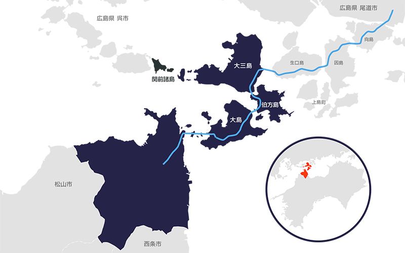 今治市の地図。今治市は愛媛県北東部に位置し、今治市と広島県尾道市を結ぶしまなみ海道があります。