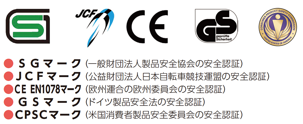 SGマーク、JCFマーク、CE EN1078マーク、GSマーク、CPSCマーク