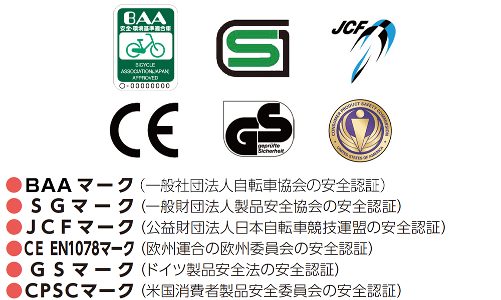 BBAマーク、SGマーク、JCFマーク、CE EN1078マーク、GSマーク、CPSCマーク