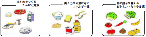 血や肉をつくるたんぱく質源、働く力や体温になるエネルギー源、体の調子を整えるビタミン・ミネラル源