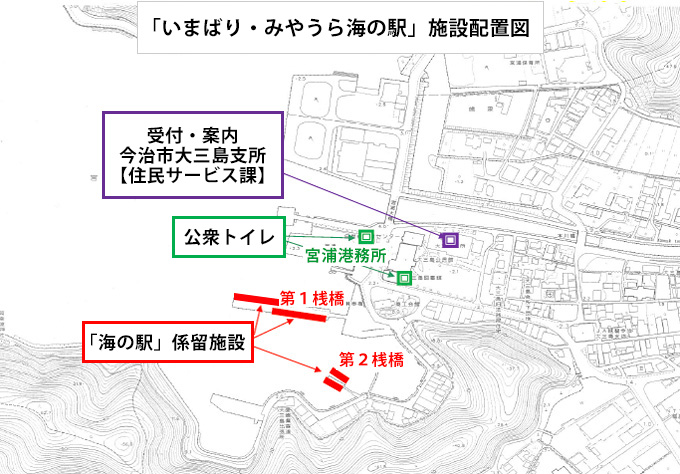 「いまばり・みやうら海の駅」の施設配置図です。受付と案内は大三島支所、
公衆トイレは宮浦港務所をご利用ください。係留施設は第一桟橋、第二桟橋にあります。