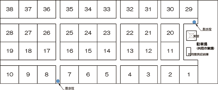 いまばり市民農園は、38区画あり、共同作業場と散水栓などの施設があります