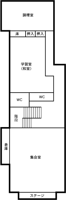 集会室、ステージ、学習室（和室）、調理室、トイレがあります