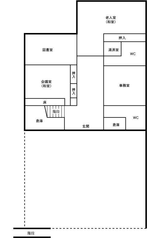 事務室、老人室（和室）、図書室、会議室（和室）、トイレがあります