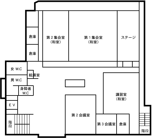 会議室（和室）、会議室、ステージ、講習室（和室）、倉庫、給湯室、トイレがあります