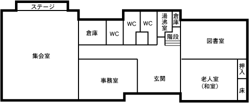 事務室、集会室、図書室、老人室（和室）、湯沸室、倉庫、トイレがあります