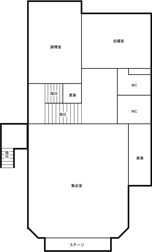 集会室、ステージ、調理室、会議室、トイレがあります