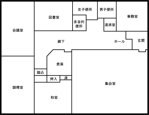 事務室、集会室、調理室、会議室、図書室、湯沸室、トイレがあります