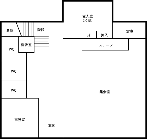 事務室、集会室、ステージ、老人室（和室）、湯沸室、トイレがあります