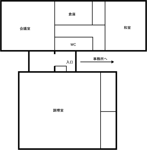 調理室、会議室、和室、事務所、倉庫、トイレがあります