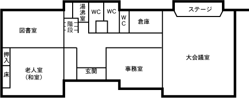 事務室、老人室（和室）、図書室、会議室、ステージ、湯沸室、トイレがあります