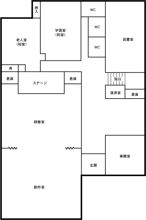 事務室、研修室、創作室、ステージ、老人室（和室）、学習室（和室）、図書室、湯沸室、トイレがあります