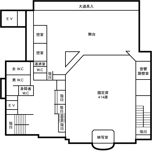 固定席（414席）、舞台、大道具入、音響調整室、映写室、控室、湯沸室、トイレがあります