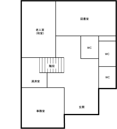 事務室、図書室、老人室（和室）、湯沸室、トイレがあります