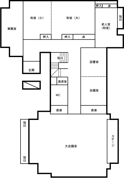 事務室、会議室、和室、老人室（和室）、図書室、湯沸室、倉庫、トイレがあります