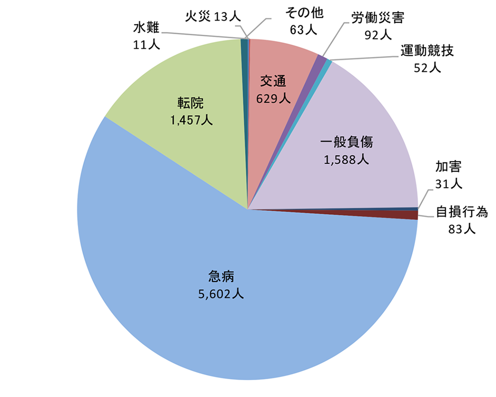 火災13人、水難11人、交通629人、労働災害92人、運動競技52人、一般負傷1588人、加害31人、自損行為83人、急病5602人、転院1457人、その他63人