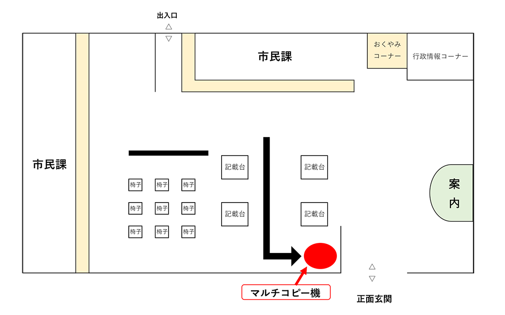 マルチコピー機は、正面玄関を入って左側、記載台の横にあります