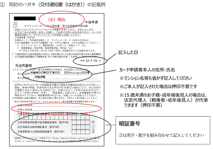 同封ハガキ（交付通知書）の記載例