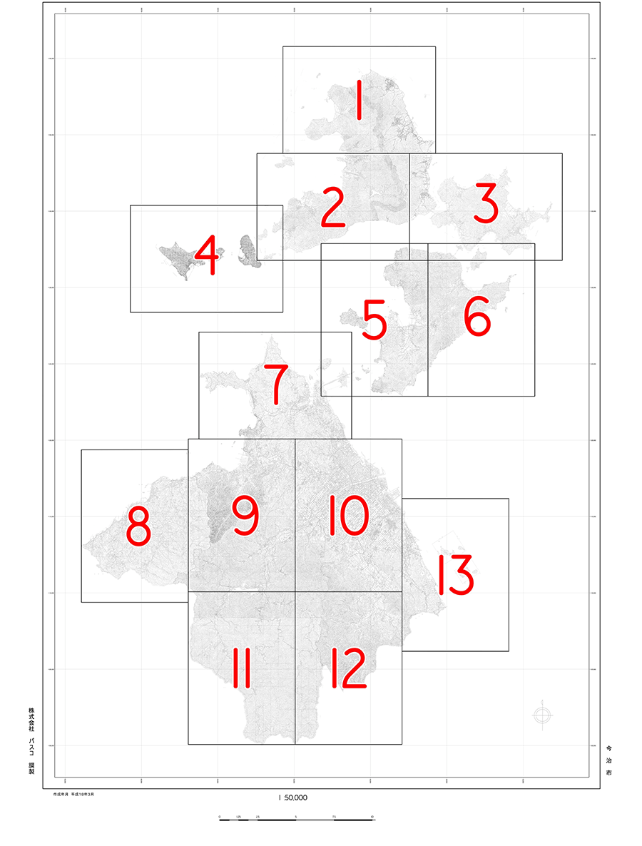 今治市路線網図　図郭割図